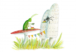 De krekel en de spin eten taart op een paddestoel