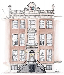 Het Waldorf Astoria Hotel - illustratie met aquarelverf - grachtenpand Amsterdam 