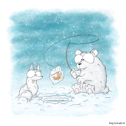 Illustratie met een Ijsbeer en een poolvos aan het ijsvissen