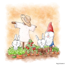 Illustratie met twee konijnen in de groentetuin