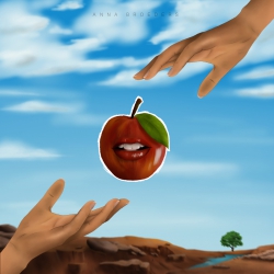 2 handen die uit de 2 hoeken van het frame grijpen naar een appel die in het midden van de afbeelding zweeft. In de achtergrond een droog landschap met een rivier die naar 1 boom leidt.
