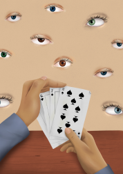 Iemand die speelkaarten in zijn houdt, 1 hand houd hij boven de kaarten zodat de ander zijn kaarten niet kan zien. op de achtergrond kijken meerdere ogen de kijker aan.