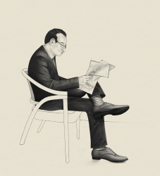 Een meneer die op een stoel zit, hij is de krant aan het lezen. De illustratie is in zwart wit en de stoel is niet ingekleurd. 